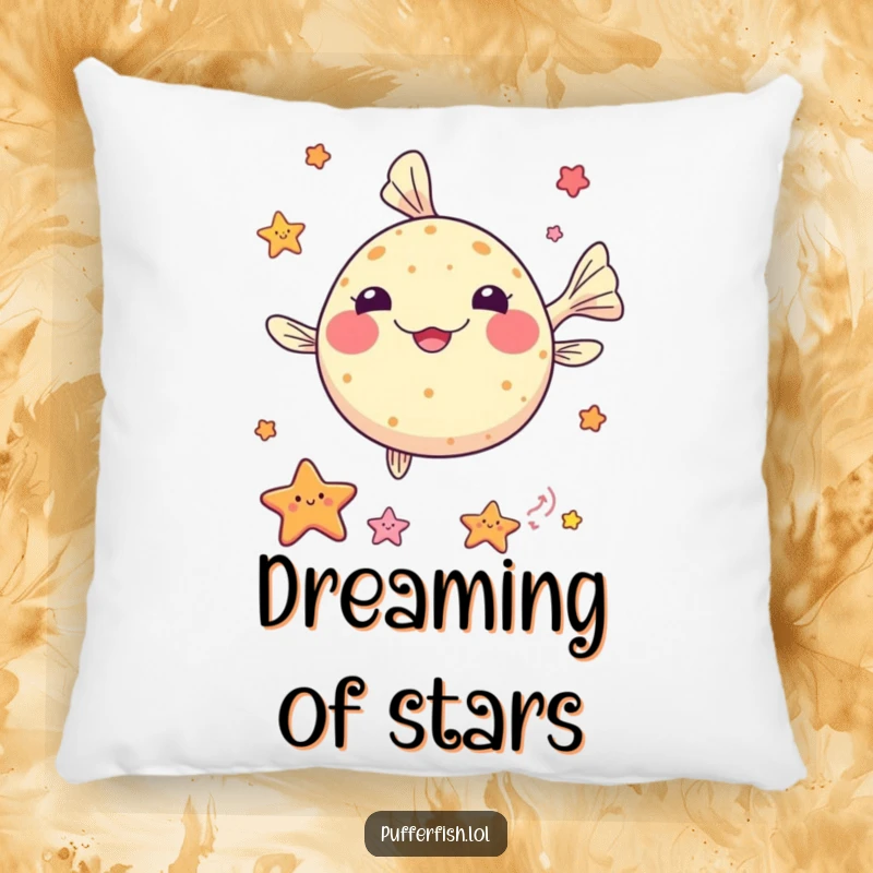 Funny kawaii pufferfish pillow, juggling colorful sea stars, providing cute and comfortable ocean-themed decor.
