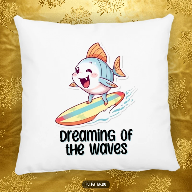 Funny Surfing Fish Pillow: A soft pillow featuring an excited fish character attempting to surf on a small, colorful surfboard.