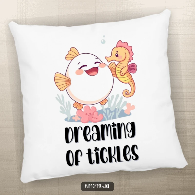 Funny, soft pillow featuring a cute pufferfish overwhelmed with giggles from a seahorse's playful tickles, offering comfort and humor.