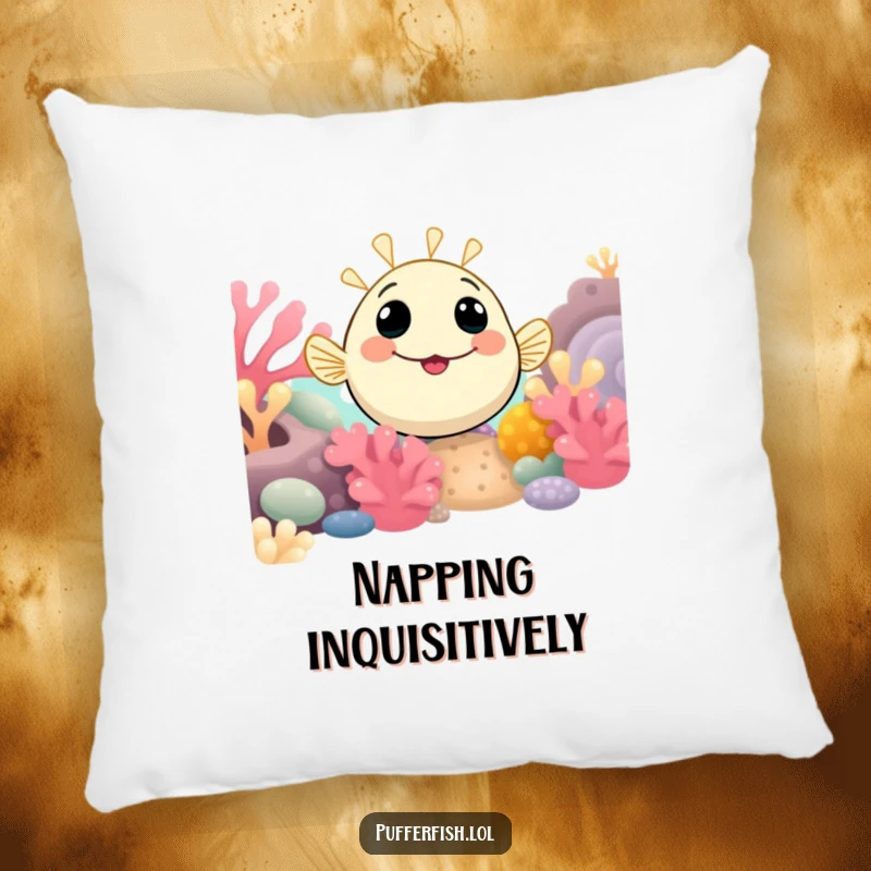 Funny Pufferfish Pillow with a smiling pufferfish curiously peeking from a coral reef, offering comfort and a sense of discovery.