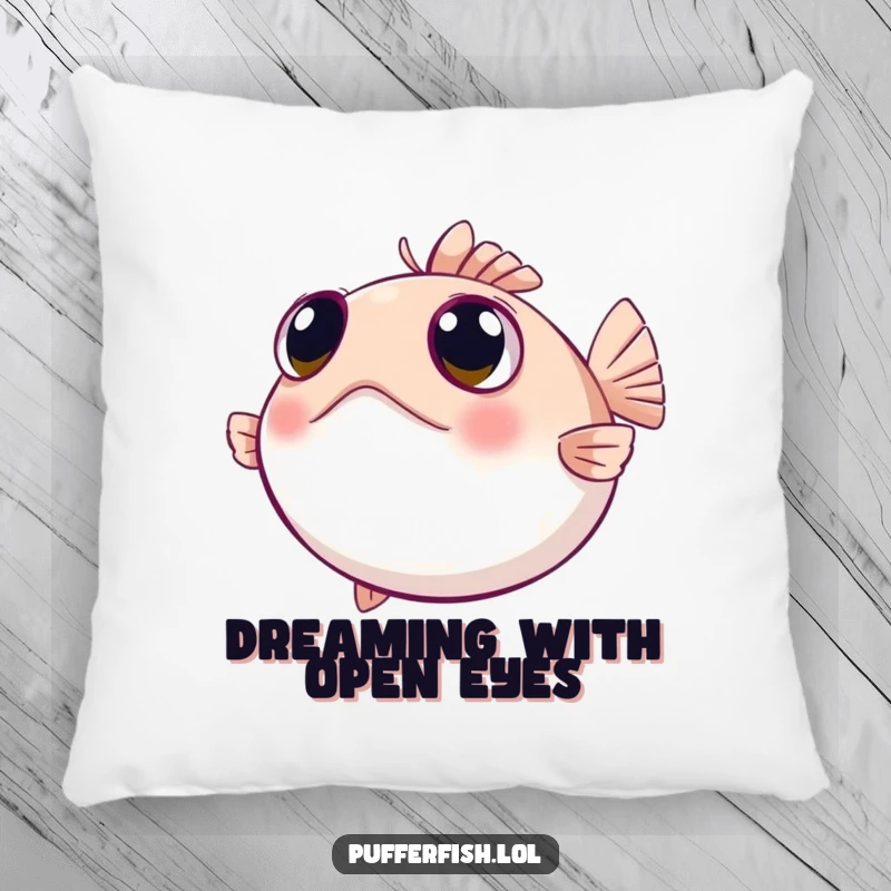 Funny pufferfish pillow with wide, curious eyes looking around, offering soft comfort and a touch of gentle wonder.