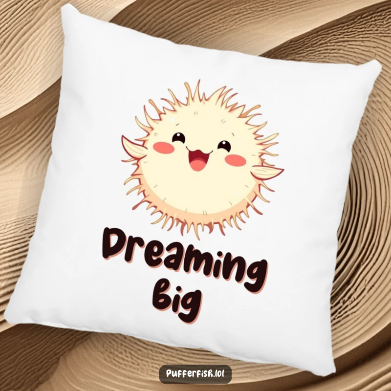 Funny Pufferfish Pillow showcasing a round, fluffy pufferfish spinning happily, offering comfort and a touch of humor.