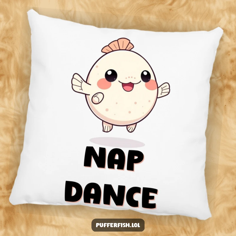 Funny kawaii pufferfish pillow, happily dancing with wiggling fins, bringing cozy ocean vibes, a perfect funny gift.