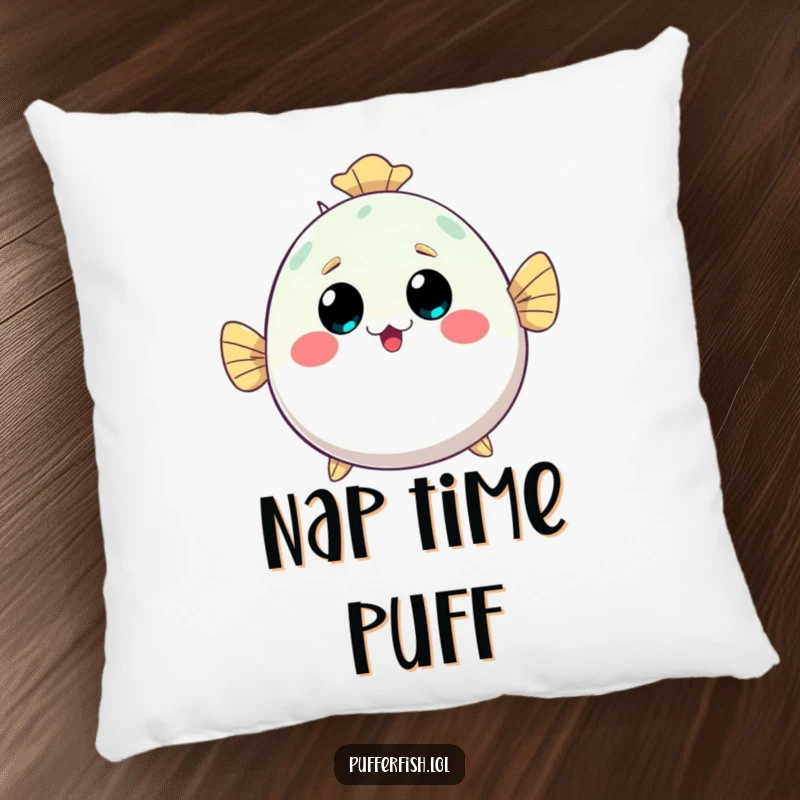 Funny kawaii pufferfish pillow, inflating with a surprised, happy expression, providing cute and comfortable ocean-themed decor.