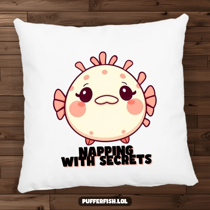 Funny Kawaii pufferfish pillow, a cute fish looking surprised with wide eyes and a tiny, mischievous grin, offering comfort and humor.