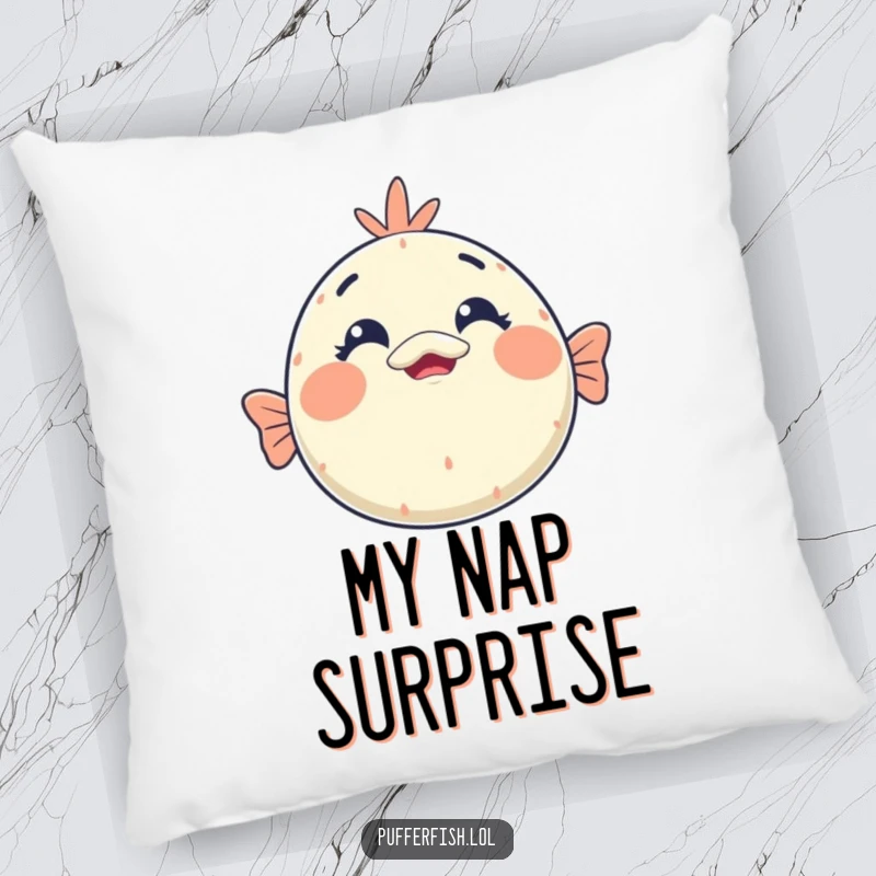 Funny kawaii pufferfish surprise pillow featuring a round, soft face with comically wide eyes and an open mouth in a shocked expression.