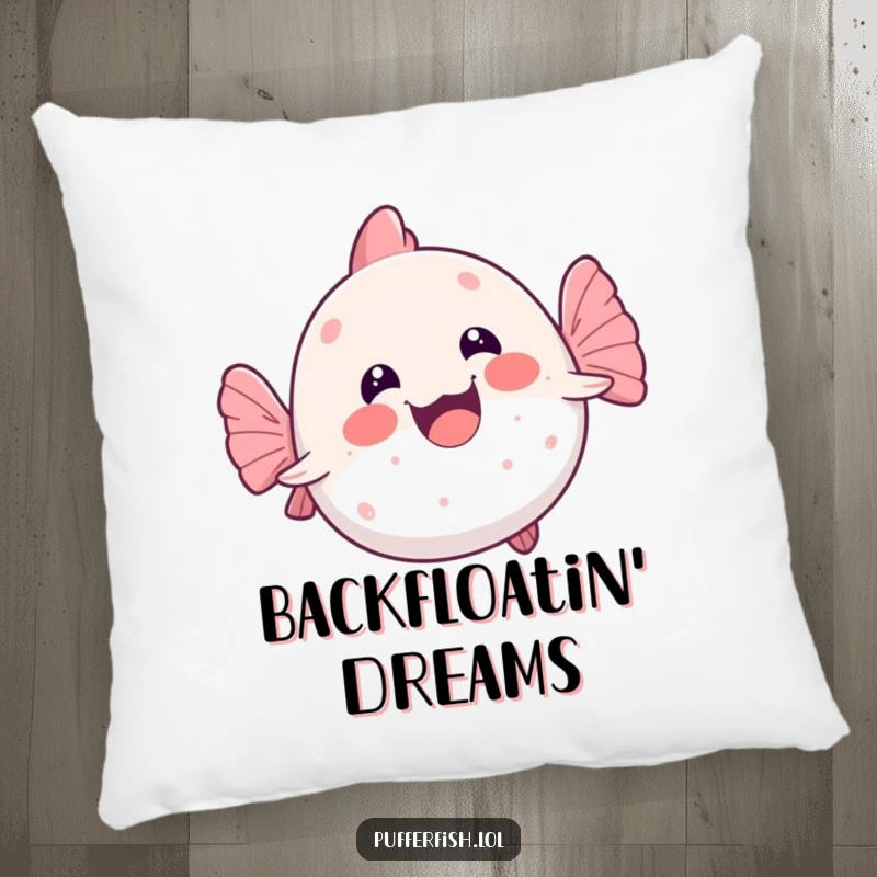 Funny kawaii pufferfish doing a joyful, wobbly swim on its back, a soft and cute pillow for humorous home decor.