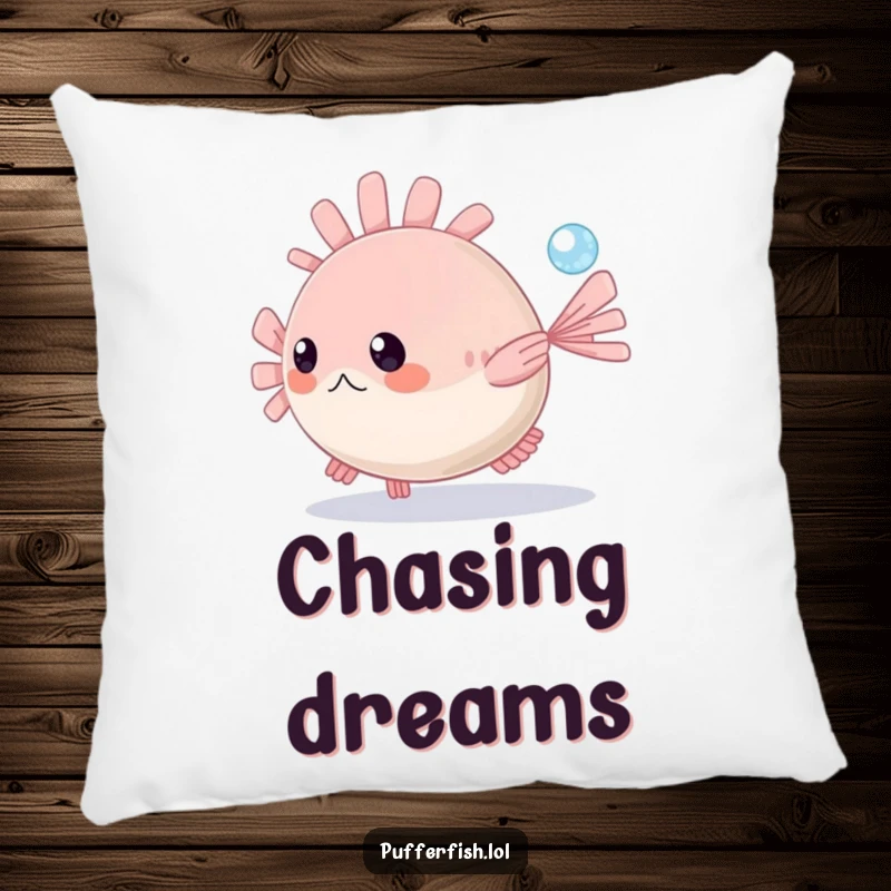 Funny Pufferfish Pillow: A playful pufferfish gleefully pursues a tiny shiny bubble in the tranquil blue ocean, offering cozy humor.