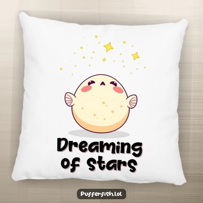 Funny Pufferfish Pillow: A wide-eyed pufferfish looks up at a dazzling meteor shower of tiny stars, offering cozy wonder.