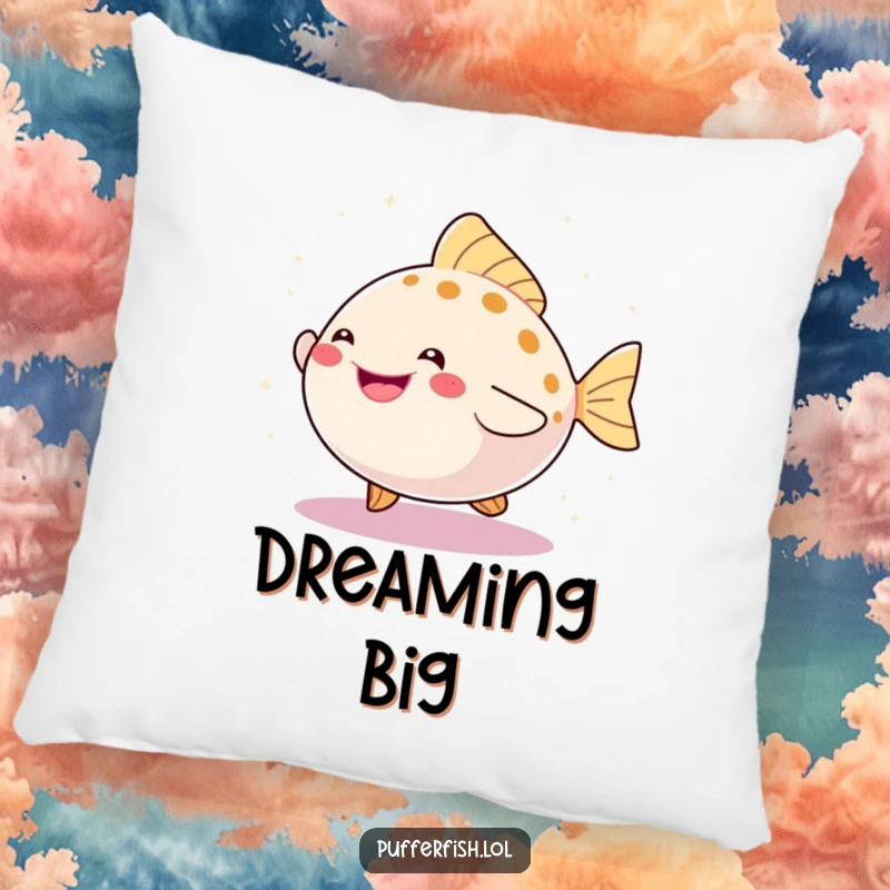 Funny pillow designed with a happy pufferfish dancing joyfully, enveloped by a dreamy cloud of shimmering sparkles.