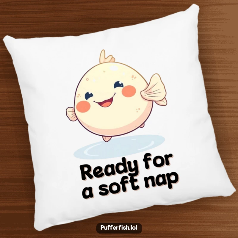 Funny pufferfish embroidered pillow featuring a wide, happy grin, bobbing playfully in shimmering water, a soft and humorous accent.