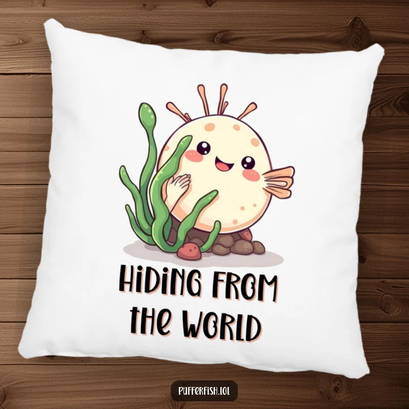 Funny kawaii pufferfish pillow playfully hiding behind a sea plant, offering soft comfort and adorable charm.