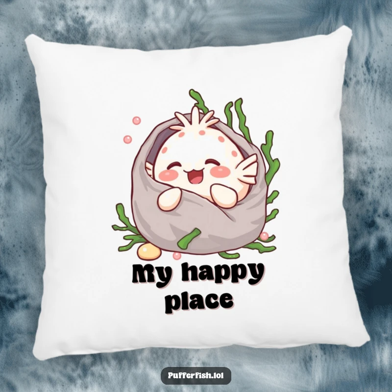 Funny Kawaii pufferfish giggling happily, cozily wrapped in a soft seaweed blanket, presented as a plush decorative pillow.