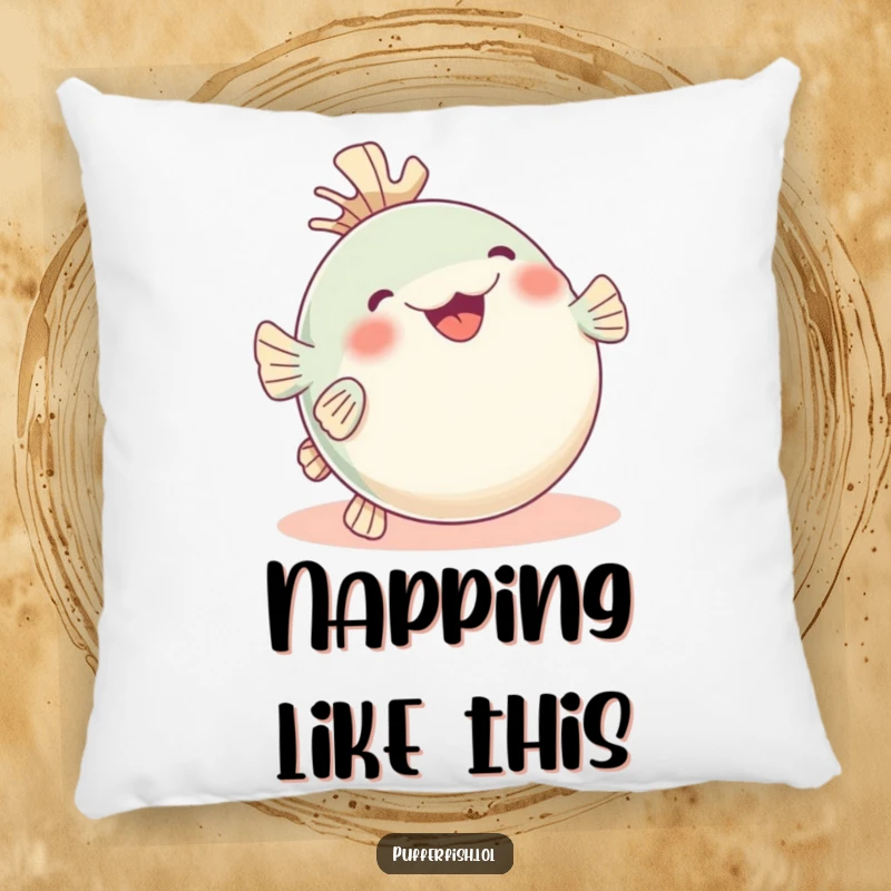 Funny pufferfish pillow, hilariously depicted rolling with glee, fins in the air, a soft and joyful decor item.