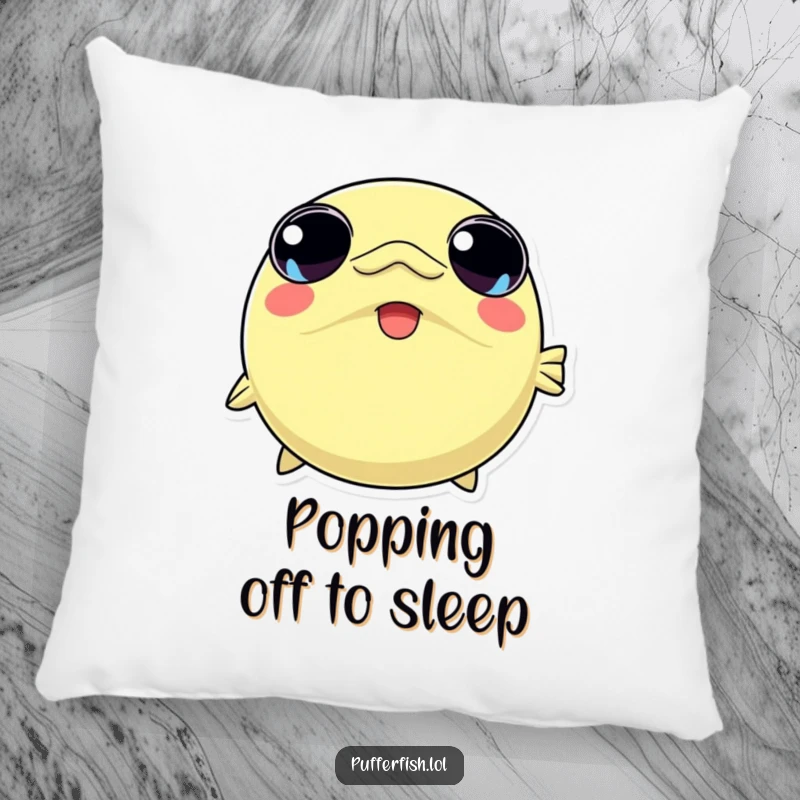 Funny pillow featuring a kawaii pufferfish character rapidly inflating, its eyes wide with joy, bringing comfort and playful charm.