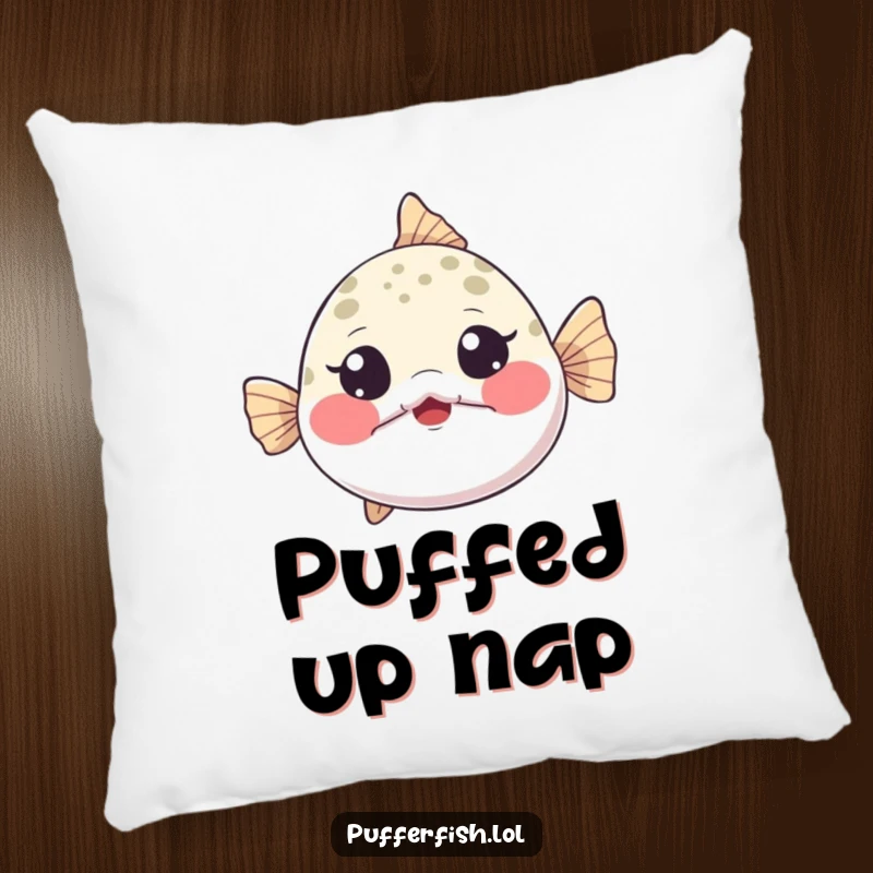 Funny Pillow featuring a tiny pufferfish inflating dramatically, cheeks puffed, eyes wide with playful surprise, cozy and comical.