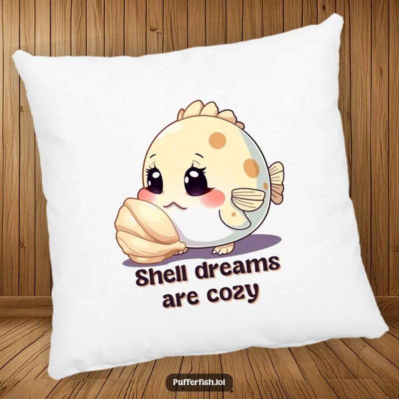 Funny pillow featuring a curious pufferfish character inspecting a shiny seashell with wide eyes, a soft and humorous decorative accent.