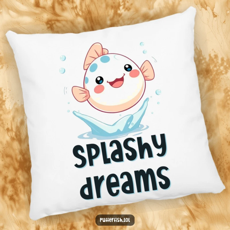 Funny Pillow featuring a Kawaii pufferfish joyfully leaping out of a water splash with bubbles, cozy and adorable.