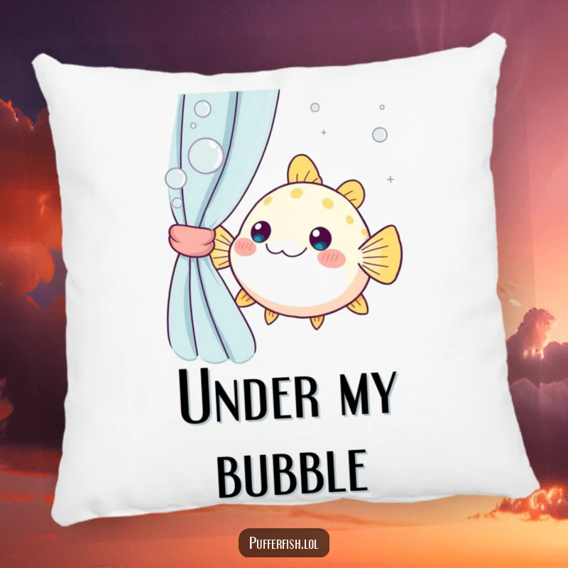 Funny kawaii pufferfish peeking from a bubbly curtain, a soft and cute pillow for humorous home decor, ideal as a gift.