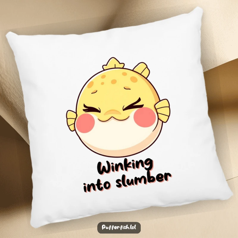 Funny Pufferfish Pillow: A decorative pillow featuring a pufferfish comically puffing its cheeks and winking mischievously, perfect for playful comfort.