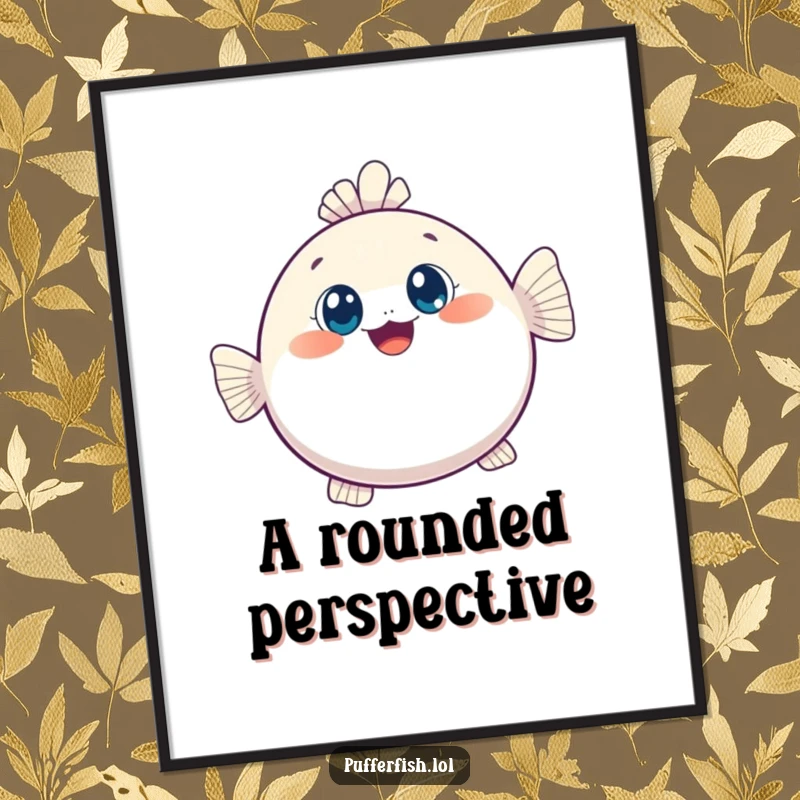 Funny digital art print of a kawaii pufferfish inflating with wide, curious eyes, ideal for wall decor and bringing cute humor indoors.