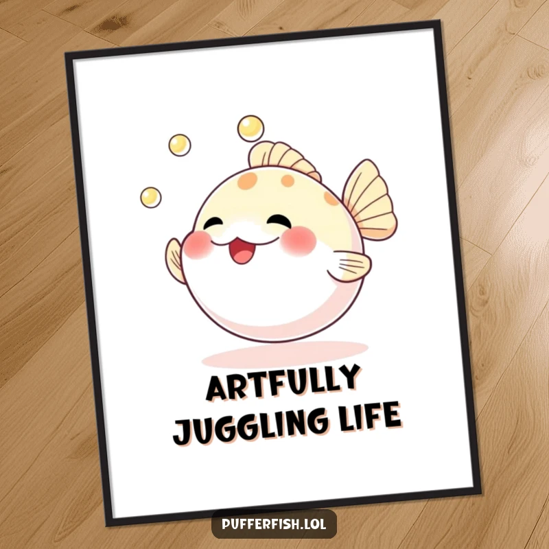 Funny digital art print of an ecstatic pufferfish juggling three shimmering pearls, ideal for instant, humorous wall decor.