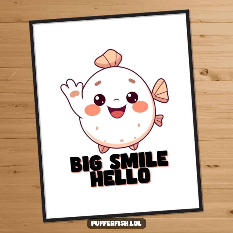 Funny Kawaii pufferfish digital art print, a cute fish giving a cheerful wave with a big smile, creating a joyful and friendly display.