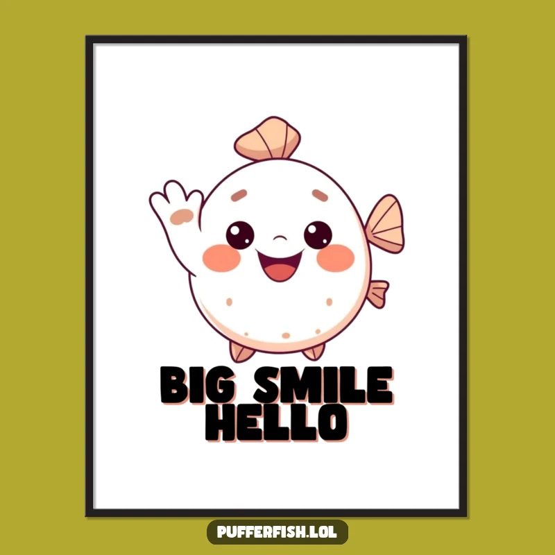 Funny Kawaii Pufferfish Digital Art Print: Waving Fish Decor for Cheerful Spaces