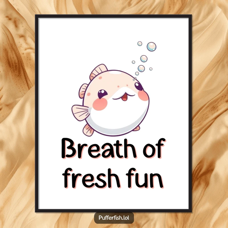 Funny Playful Pufferfish Digital Art: Printable art of a pufferfish playfully blowing small bubbles upwards, designed to bring immediate humorous delight.