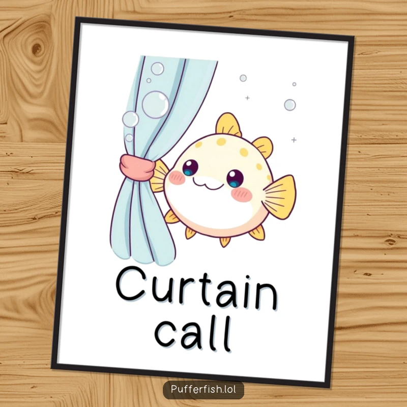 Funny kawaii pufferfish peeking from behind a curtain of soap bubbles, a delightful and humorous digital art print for instant decor.