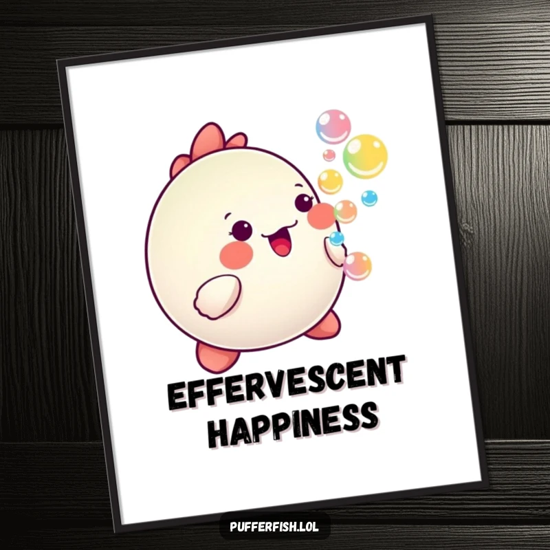 Funny Kawaii pufferfish blowing a stream of colorful, happy bubbles, available as a high-resolution digital art print.