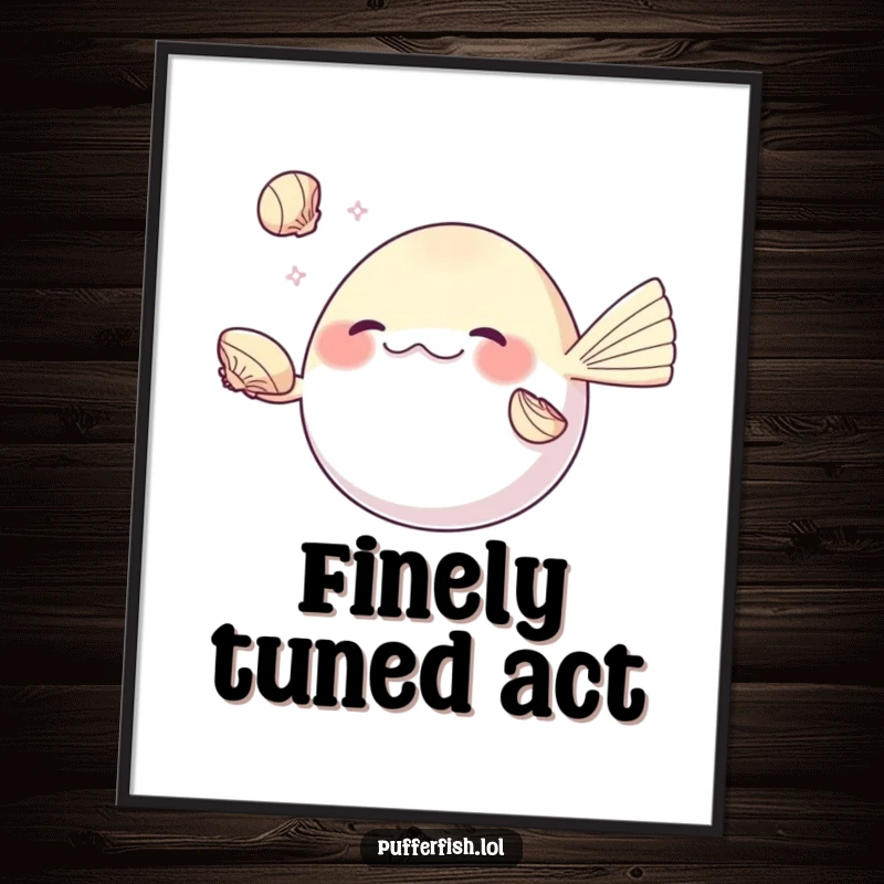Funny pufferfish digital art print, skillfully juggling shiny seashells with its fins, bringing talented and humorous vibes. A funny gift.