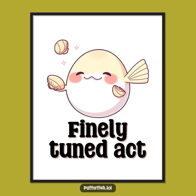 Funny Juggling Pufferfish Digital Art: Seashell Skill Print, Instant Funny Decor Gift