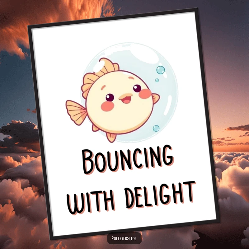 Funny kawaii pufferfish digital art print, playfully bouncing an oversized bubble, perfect for cute ocean-themed decor.