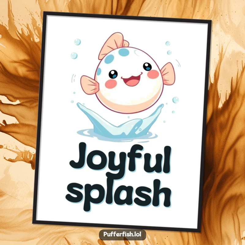 Funny Digital Art Print of a Kawaii pufferfish joyfully leaping out of a water splash with bubbles, for decor.