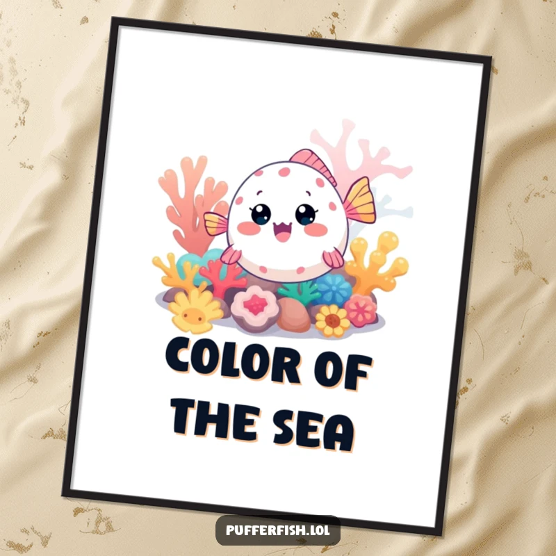 Funny Kawaii pufferfish digital art print, a cute fish excitedly exploring a colorful coral reef, creating a vibrant and cheerful display.