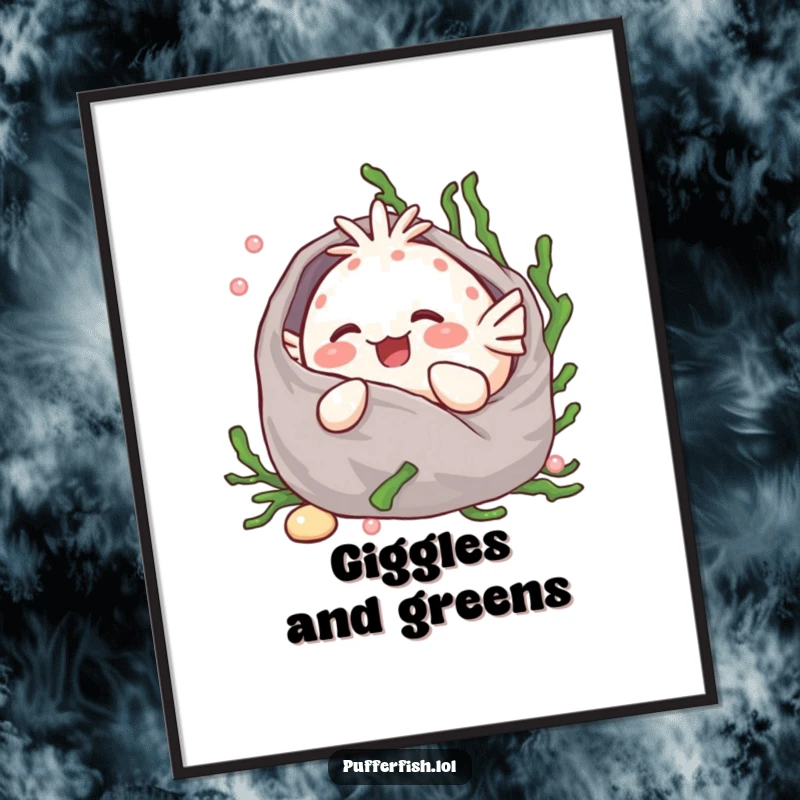 Funny Kawaii pufferfish giggling sweetly, nestled in a soft seaweed blanket, available as a high-resolution digital art print.
