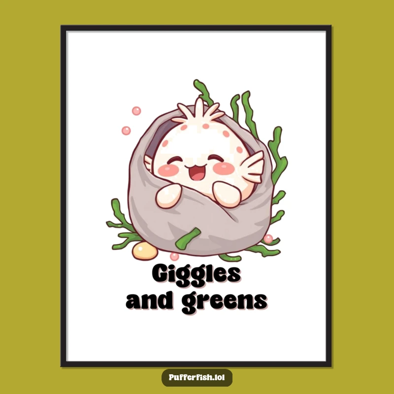 Funny Kawaii Pufferfish Giggling Digital Art - Seaweed Blanket Printable - Instant Gift