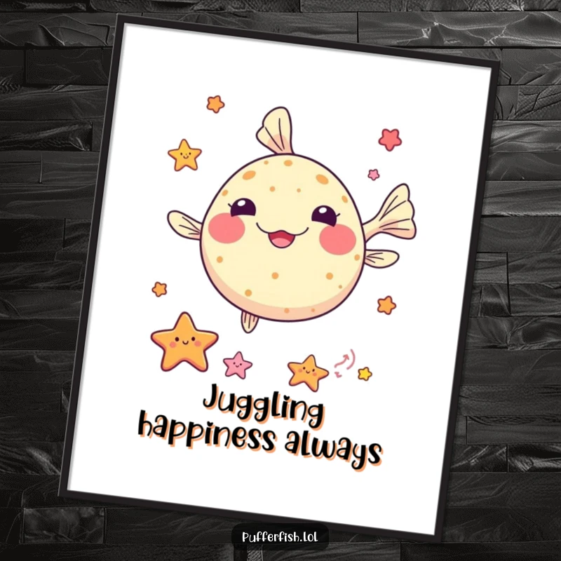 Funny kawaii pufferfish digital art print, juggling small colorful sea stars, perfect for cute ocean-themed decor.