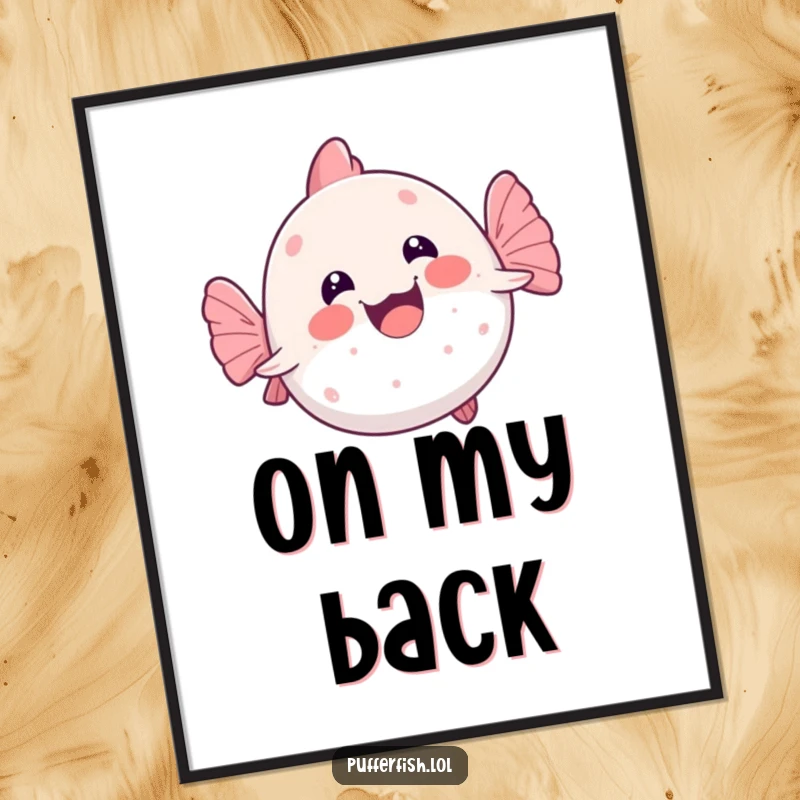 Funny kawaii pufferfish captured mid-wobbly swim on its back, a joyful and humorous digital art print for instant decor.