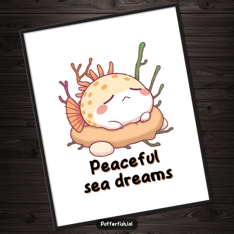 Funny Pufferfish Digital Art: A content pufferfish peacefully sleeps on a soft bed of seaweed, exuding serene humor.