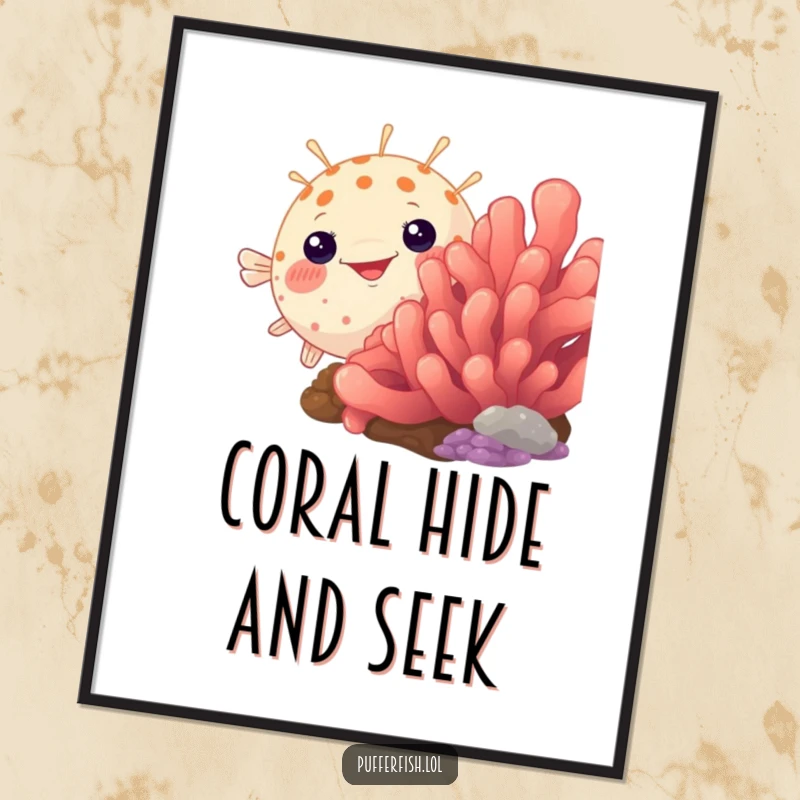 Funny pufferfish digital art print, humorously peeking from behind a vibrant coral, bringing playful and amusing vibes. A funny gift.