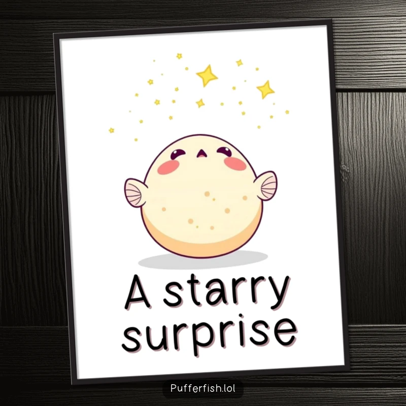 Funny Pufferfish Digital Art: A surprised pufferfish gazes in awe at a meteor shower of tiny stars, capturing celestial wonder humorously.