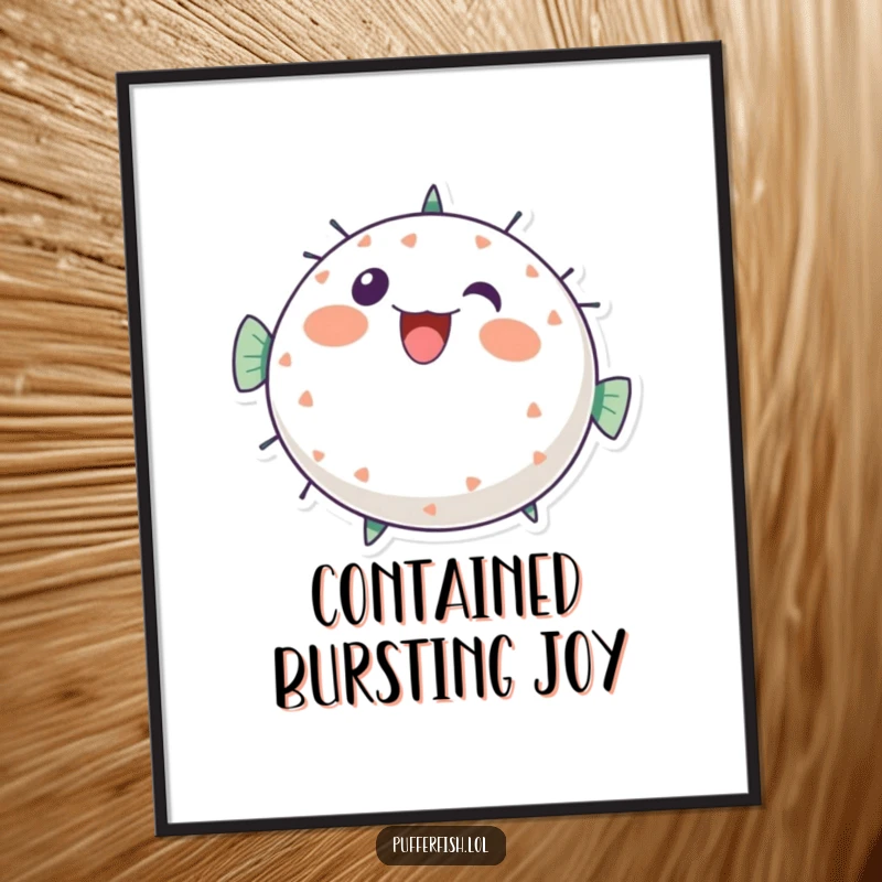 Funny pufferfish digital art print, a round character bursting with cheerful, bubbly energy and a joyful expression, instant funny gift.
