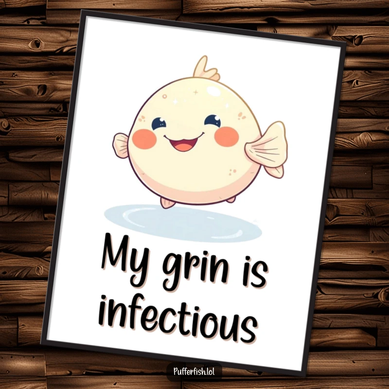 Funny pufferfish digital art print of a joyful, grinning pufferfish bobbing in shimmering water, a splash of happiness.