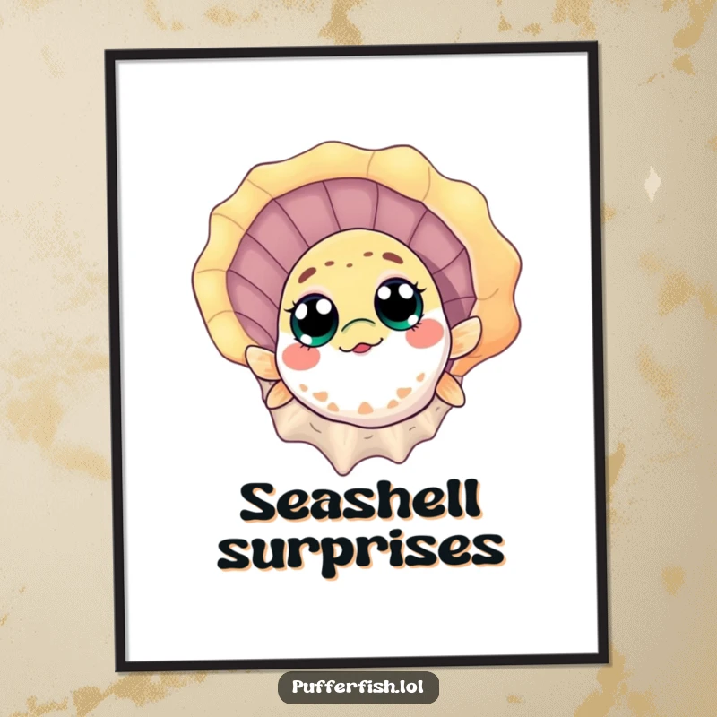 Funny Digital Art Print: A curious pufferfish peeks from a seashell, offering a humorous and charming downloadable image.