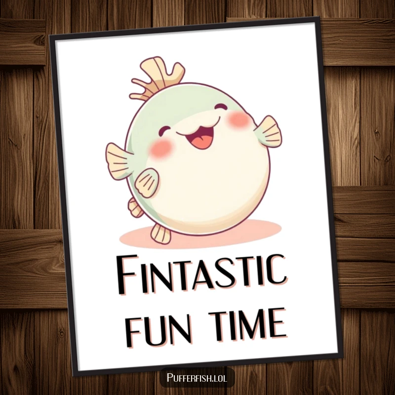 Funny pufferfish digital art print, hilariously rolling on its back with glee, fins up, bringing joyful vibes. A funny gift.