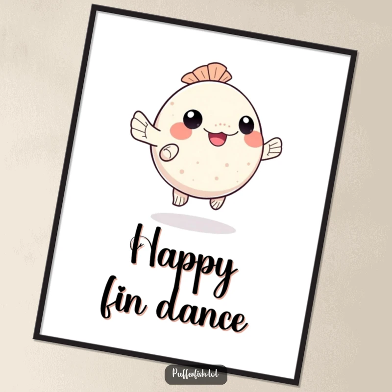 Funny kawaii pufferfish digital art print, happily dancing with wiggling fins, perfect for instant decor and as a funny gift.