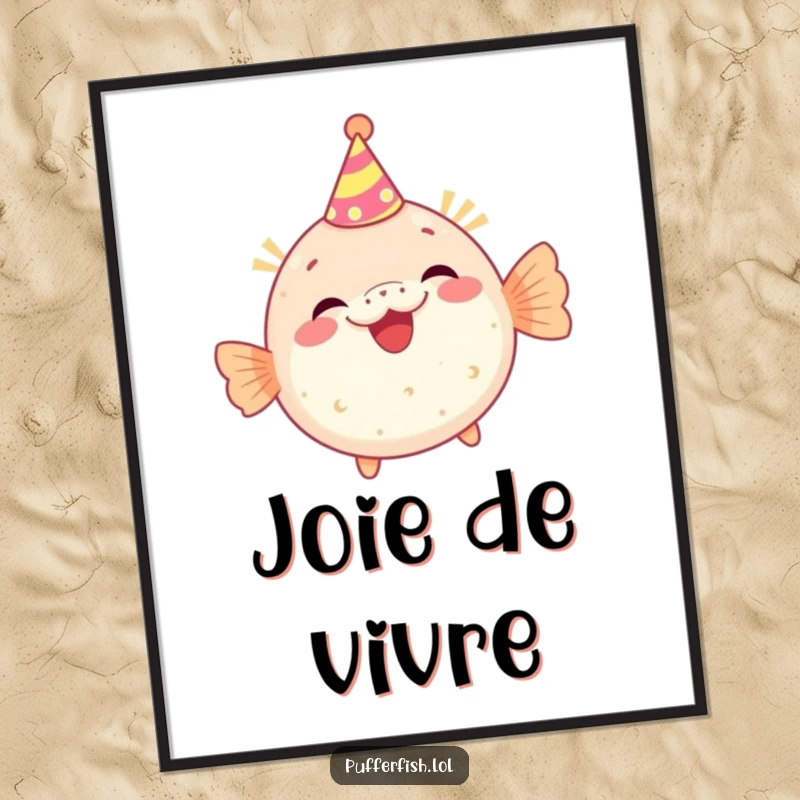 Funny digital art print of a pufferfish character wearing a tiny party hat and giggling, ideal for wall decor and bringing festive humor indoors.