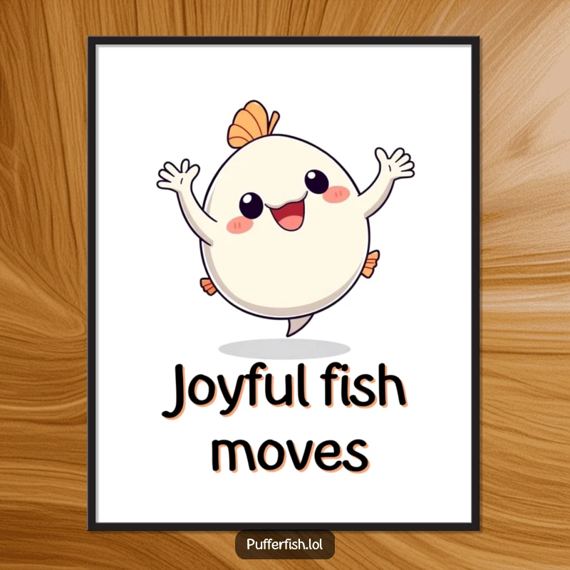 Funny Digital Art Print: A happy pufferfish dances with arms waving, offering a humorous and joyful downloadable image.